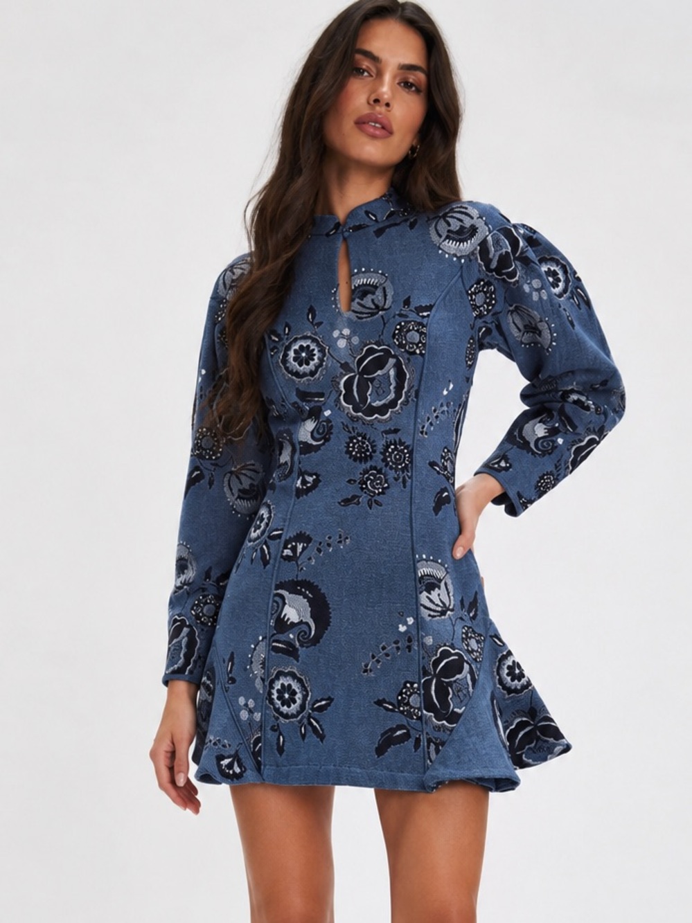 Charo Ruiz Ibiza Ara Mini Dress Blue Floral Jacquard Textured Puff-Sleeve Small